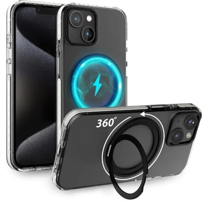 Abbildung von MyGadget Hülle für iPhone 14 13 [ kompatibel mit MagSafe und 360 Ständer] magnetische Hybrid Handyhülle Rückseite Hart Rand Silikon ] Transparent