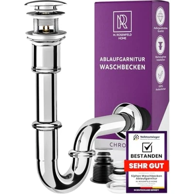 Abbildung von Siphon Waschbecken Ablaufgarnitur mit Überlauf, Pop Up Ventil Waschtisch Geruchsverschluss aus Edelstahl M. ROSENFELD HOME
