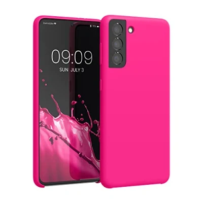 Abbildung von kwmobile Hülle kompatibel mit Samsung Galaxy S21 Silikon Handy Case Handyhülle weiche Oberfläche kabelloses Laden Neon Pink