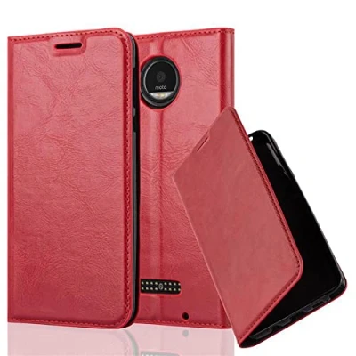 Abbildung von Cadorabo Hülle kompatibel mit Motorola Moto Z Play aus Premium Kunst Leder Flip Klappbare Stoßfeste Magnetische [Standfunktion] [Kartenfächern] Cover für Tasche in Rot