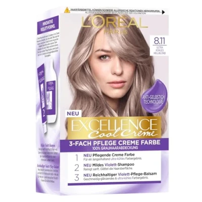 Abbildung von L&#039;Oréal Paris Permanente Haarfarbe Farbergebnis, 100% Grauhaarabdeckung, Set mit Coloration, Shampoo und Pflegecreme, Excellence Cool Creme, Nr. 8.11 Ultra kühles Hellblond (Blond)