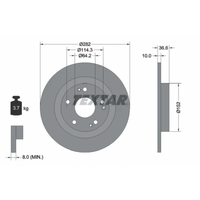 Abbildung von TEXTAR 92301303 Bremsscheibe 282 10 05/08 114,3 voll beschichtet ohne Radlager, Radbefestigungsbolzen, Radnabe HONDA: CIVIC Schragheck