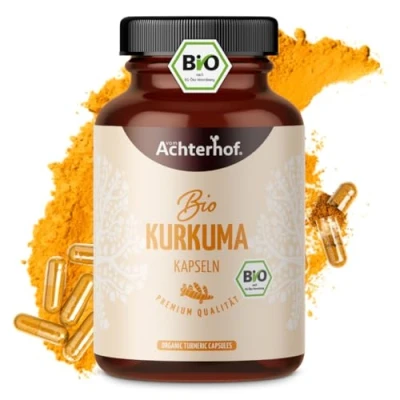Abbildung von Kurkuma Kapseln Bio 180 Stück 4800mg pro Tagesdosis frisch gemahlene Kurkumawurzel in Qualität vegane Kapselhülle vom Achterhof