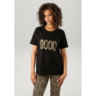 Abbildung von Aniston CASUAL T Shirt, mit Glitzersteinchen verzierter Animal Schriftzug NEUE KOLLEKTION