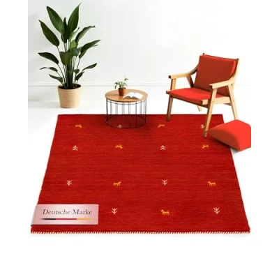 Abbildung von carpetfine Wollteppich Gabbeh Uni Quadratisch Rot 120x120 cm Moderner Teppich für Wohn und Schlafzimmer