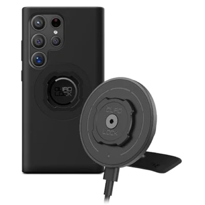 Abbildung von Quad Lock Klebehalterung fürs Armaturenbrett Handyhalterung Auto Kit mit MAG Wireless Charging Head (V2) und Galaxy S24 Ultra Hülle