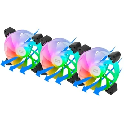 Abbildung von MARSGAMING MF 3AR, Kit 3x Lüfter 120mm FDB, Umgekehrte Rotorblätter, 360 ARGB Beleuchtung Ohne Rahmen, Voller Ringlicht, PC mit Kompatibilität, Doppelter Anschluss, Schwarz
