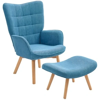 Abbildung von HOMCOM Sessel mit Hocker, Ohrensessel Hoher Rückenlehne, Holzbeine, Loungesessel getuftetem Design, Cord Optik, für Wohnzimmer, Blau