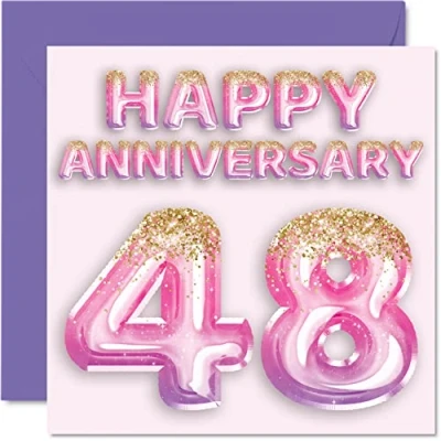 Abbildung von Stuff4 Hübsche Karte zum 48. Jahrestag für Ehefrau, Freundin, Ehemann, Freund, rosa lila Glitzerballons Happy 48 Jahrestagskarten aus der Familie, 145 mm x Grußkarten vierzig Jahrestage