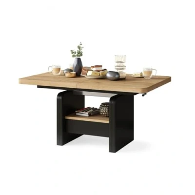 Abbildung von All4All Couchtisch Leo 120x75 cm Wohnzimmertisch Höhenverstellbar Esstisch mit Ablage und Schublade Ausziehbar bis 180 Esszimmertisch Modern Gold Craft Eiche + Schwarz 05