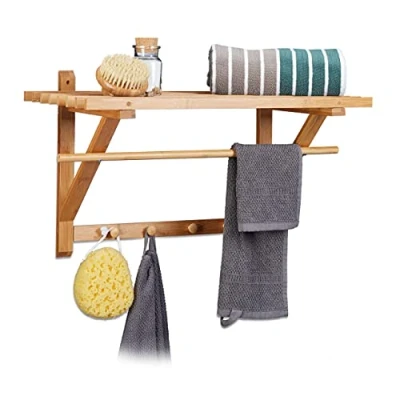 Abbildung von Relaxdays Wandgarderobe Bambus, Hutablage und Kleiderstange, Handtuchhalter mit Hakenleiste HBT 30 x 60 35 cm, natur