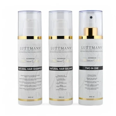 Abbildung von LUTTMANN® Natural Hair Pflegeset Shampoo 200 ml + Balsam Two In One Spray Intensive Pflege für sämtliche Echthaarperücken, Haarteile, Extensions und Eigenhaar
