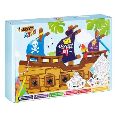 Abbildung von BIC Kids Stifte Set: 18 Buntstifte, 8 Filzstifte, 12 Malkreiden, Sticker und Ausmalfiguren, My Pirate Kit