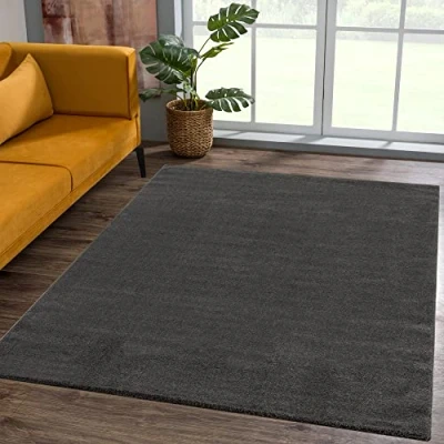 Abbildung von SANAT Kurzflor Teppich Wohnzimmer Uni Modern Teppiche fürs Schlafzimmer, Arbeitszimmer, Büro, Flur, Kinderzimmer und Küche Dunkelgrau, 80 x 150 cm