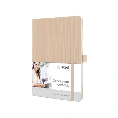 Abbildung von SIGEL CO332 Premium Notizbuch kariert, A5, Softcover, 194 nummerierte Seiten, beige, nachhaltiges Papier, mit Inhaltsverzeichnis, Stiftschlaufe, Falttasche, Gummibandverschluss, Conceptum