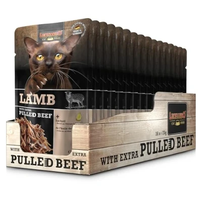 Abbildung von LEONARDO Frischebeutel [16x70g Lamb mit Fleischstreifen] Pulled Beef Getreidefreies Nassfutter für Katzen Alleinfuttermittel Katzenfutter
