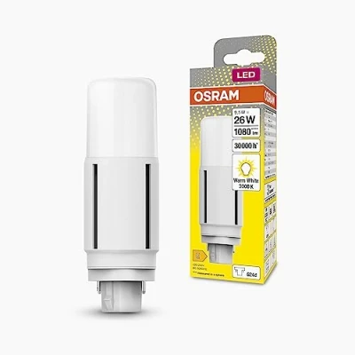 Abbildung von OSRAM DULUX LED D26 VT EM, G24D, 7,5W, 950lm, 3000K, warmweiße Lichtfarbe, für vertikale Applikationen geeignet dank Abstrahlwinkel von 300 Grad, extrem lange Lebensdauer, keine Aufwärmzeit