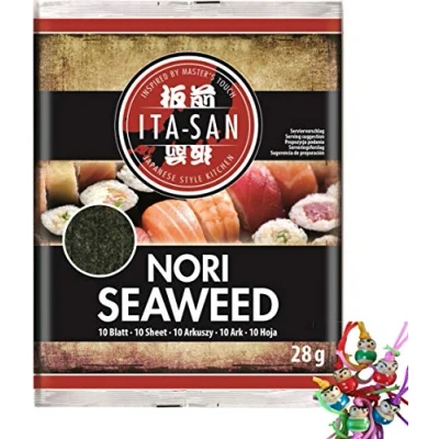 Abbildung von yoaxia ® 10er Pack [ 10x 28g (10x10 Blatt) ] NORI Seetang getrocknet und geröstet SEEWEED, ganzes Blatt + ein kleiner Glücksanhänger gratis