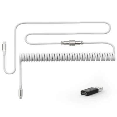 Abbildung von MAMBASNAKE C04 USB C Spiralkabel für Mechanische Tastaturen mit zu Adapter, Typ auf Aviator Cable, Double Sleeved Federladekabel 5 Pin Metall Aviation stecker, 4,92 Fuß Weiß