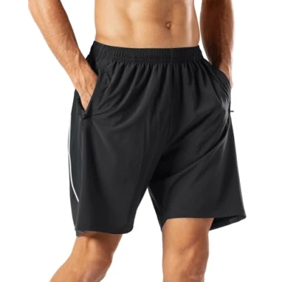 Abbildung von HMIYA Herren Sport Shorts Schnell Trocknend Kurze Hose mit Reißverschlusstasch,Schwarz(Reflexstreifen),3XL