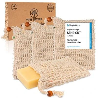 Abbildung von VERGLEICHSSIEGER* Seifensäckchen [4er Set] LABORGEPRÜFT TRUE NATURE® Sisal Seifenbeutel mit farbigen Labels zum Unterscheiden Seifennetz Extra Groß für festes Shampoo Natur Seifen Säckchen