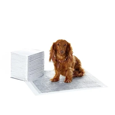 Abbildung von Amazon Basics Trainingspads für Hunde und Welpen mit Kohlenstoff zur Geruchskontrolle, auslaufsicheres Design schnell trocknender Oberfläche, Normal (40 Stück), Grau