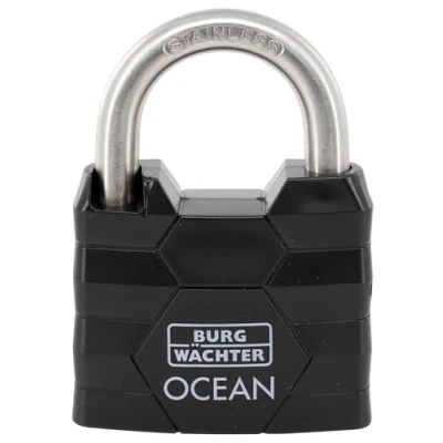Abbildung von BURG WÄCHTER Vorhängeschloss, Vorhangschloss mit 2 Schlüsseln, 8 mm Bügelstärke, Seewasserfest, Massiver Messingkörper, Doppelt Verriegelt, Ocean 490 Ni 50 SB, Schwarz