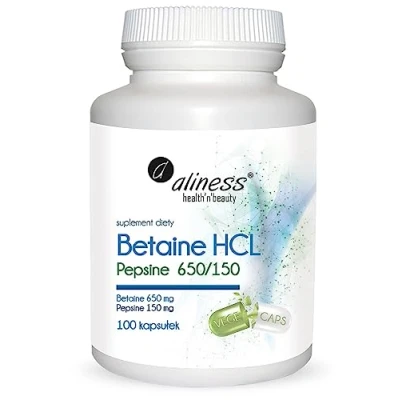 Abbildung von Aliness Betaine HCL 650mg Pepsine 150mg Verdauungsenzyme Nahrungsergänzungsmittel Veganer Vegetarier 100 kapseln (3 Monate)