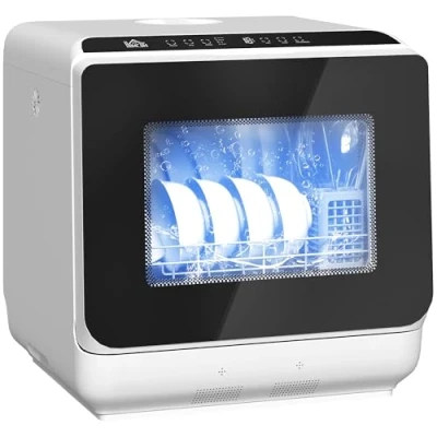 Abbildung von HOMCOM Mini Geschirrspüler Freistehend Tischgeschirrspüler mit 4 Maßgedecke 5 Programmen Trocken Funktion 6L Wassertank Touch Control LED Anzeige Spülmaschine mit/ohne Wasseranschluss für Camping Weiß