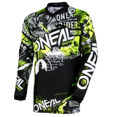 Abbildung von O&#039;NEAL Motocross Shirt Langarm Kinder MX MTB Mountainbike Passform für Maximale Bewegungsfreiheit, Eingenähter Ellbogenschutz Element Youth Jersey Attack Schwarz Neon Gelb Größe XL