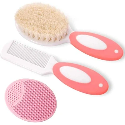 Abbildung von Baby haarbürste und Kamm Set für Neugeborene &amp; Kleinkinder Natürliche Weiche Ziegenborsten Ideal Cradle Cap Geschenk zur registrierung (Pink)
