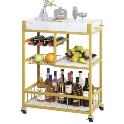 Abbildung von Huhote Servierwagen, Küchenwagen mit Weinregal, Barwagen, Getränkewagen, Rollwagen Rollen, Weinwagen für Esszimmer, Küche, Wohnzimmer, Bar, Party, Weißer Marmor/Gold
