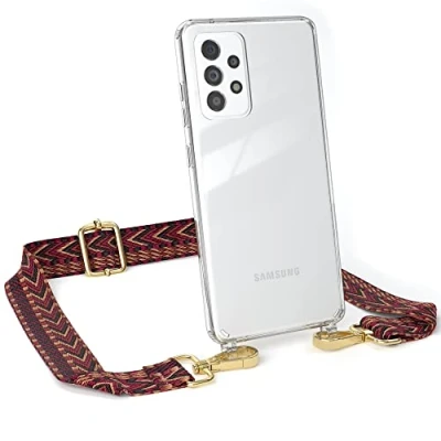 Abbildung von EAZY CASE Handykette Verstellbarer Trageriemen kompatibel mit Samsung Galaxy A52 / 5G A52s 5G, Schulterriemen, Festivalbag transparentem Cover, zum Umhängen, Rot/Braun Schnalle Gold