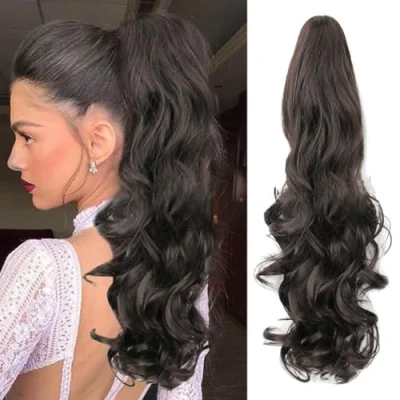 Abbildung von RPAEOY Klauen Clip Pferdeschwanz Verlängerung 22 Zoll Lange Lockige Wellige in Natürliche Synthetische Haarverlängerungen Haarteile Ponytail Extension für Damen (Bräunlich schwarz)