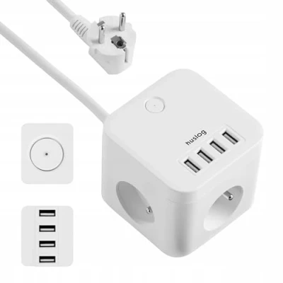 Abbildung von Huslog Mehrfach Steckdosenleiste mit 4 USB Anschlüssen, 3 Steckdosen, 1,5 m Kabel, Schwarz (Weiß)