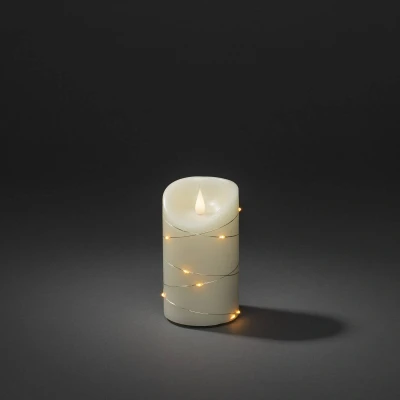 Abbildung von Konstsmide LED Echtwachskerze cremeweiß, 3D Flamme, Draht umwickelt, 4/8h Timer, 1 bernsteinfarbene Diode/12 Tropfen, batteriebetrieben, Innen, Batterie: 2 x C 1,5V (exkl.) 1834 180