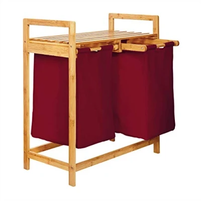 Abbildung von Lumaland Ausziehwäschekorb Bambus mit 2 ausziehbaren Wäschesäcken 73x64x33cm, Wäschesammler Deckel, Pflegeleichtes Material,  leicht abwischbar
