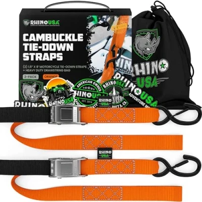 Abbildung von Rhino USA Motorrad Spanngurte mit Haken 2 Pack 1000kg Bruchfestigkeit Stahl Schloss Spanngurt Set Schlaufen Transportsicherung Transport Orange
