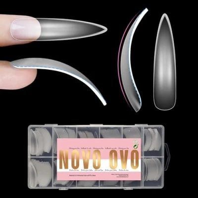 Abbildung von NOVO OVO XXL Curved Almond Stiletto Nail Tips Press on Full Cover, extralange XL Acryl Hawk Curve Kunstnägel Verlängerungsset, klare, vorgeätzte, weiche French Kunstnägel, 12 Größen, 240 Stück