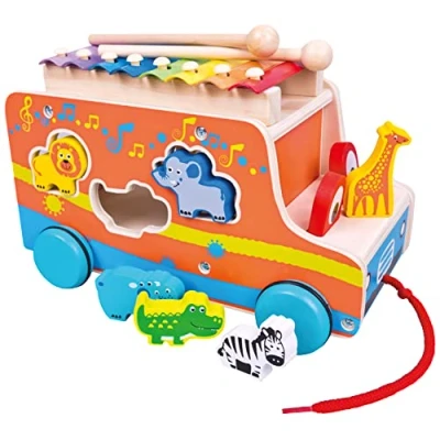 Abbildung von Mertens Holz Steckauto mit Xylophon, Spielzeug für Kinder ab 18 Monate, Kinderspielzeug (Ziehauto Sortierfunktion, hilft ersten Schritten &amp; Gleichgewichtsübungen, inkl. Tierformen), Mehrfarbig