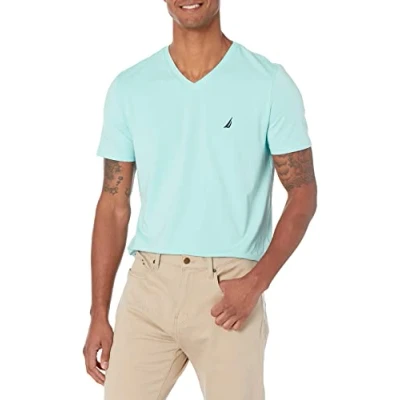 Abbildung von Nautica Herren Short Sleeve Solid Slim Fit V neck T shirt Shirt, Harbor Mist, XL EU