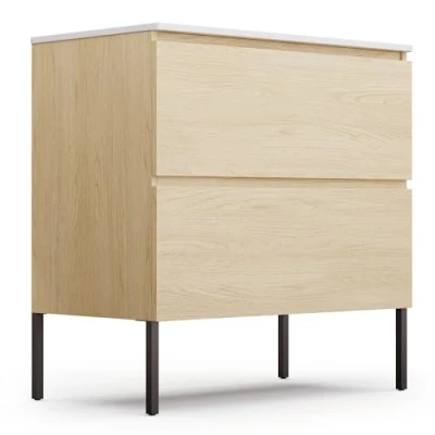 Abbildung von blumfeldt Johnstone Waschbecken mit Unterschrank natürliches Holzfinish, Keramikbecken, Soft Close, feuchtigkeitsbeständig, geräumige Schubladen, einfache Selbstmontage inklusive Füßen