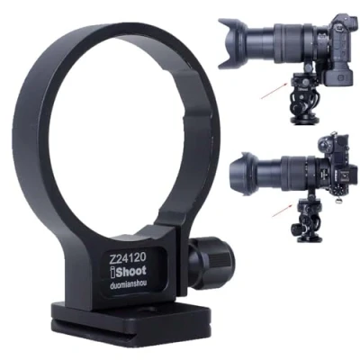 Abbildung von iShoot Objektiv Kragen Stativ Halterungsring, kompatibel mit Nikon Nikkor Z 24120 mm f/4 S Objektiv, Objektivstütze, Halterung unten ist Arca Swiss Fit Schnellwechselplatte Schwalbenschwanznut