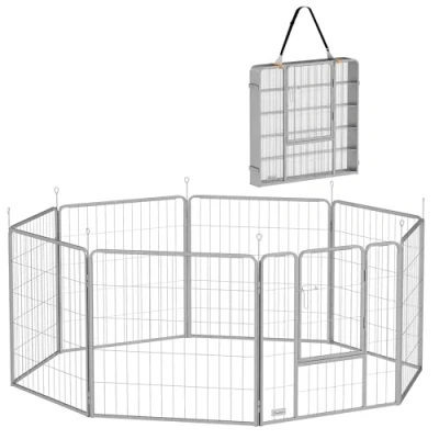 Abbildung von PawHut Welpenauslauf 80 cm Hoch, 8 TLG Hundelaufstall Welpenlaufstall mit Gurt und Tür, Freilaufgehege für kleine bis mittelgroße Hunde, Meerschweinchen, Kaninchen, Stahl, Silber