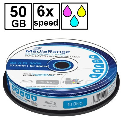 Abbildung von BD R 50GB MEDIARANGE Blu Ray Recordable bedruckbar 6x Speed Cakebox 10 Stück