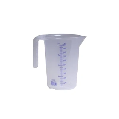 Abbildung von hünersdorff Messbecher 1l Polypropylen (PP) bruchsicher und spülmaschinengeeignet offener Griff blaue Skala, Transparent+blau
