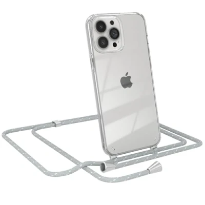 Abbildung von EAZY CASE Handy Chain kompatibel mit iPhone 13 Pro Max, Handykette Tasche transparent, Stoßfeste Soft Silikon TPU, Stylische Kette Hülle für Smartphone, Grau/Weiß Verschlüssen in Silber