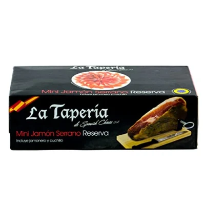 Abbildung von Hymor Serrano Schinken am Stück Reserva 1x 950g Set Jamon in Premium Qualität, mindestens 14 Monate gereift, mit Holzhalter und Schinkenmesser, praktische Geschenk Box als Tapas (1er Set)