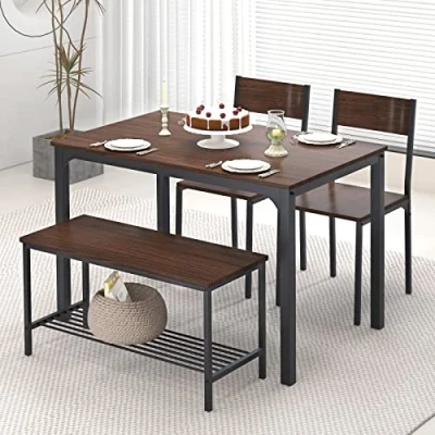 Abbildung von SogesHome Essgruppe Esstisch Set 4 teilig Esszimmertisch Möbel Tisch 2 Stühlen und Sitzbank mit Ablage aus Holz Stahlgestell für Esszimmer Küche