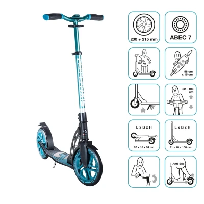 Abbildung von SIX DEGREES Aluminium Scooter mit Klappmechanismus und Ständer, 230/215 mm, ABEC 7, höhenverstellbar, GS geprüft, türkis